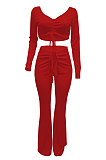 Red Women Autumn Winter Ribber Solid Color Shirred Detail V Collar Sexy Tiny Flared Pants Sets Q921-1