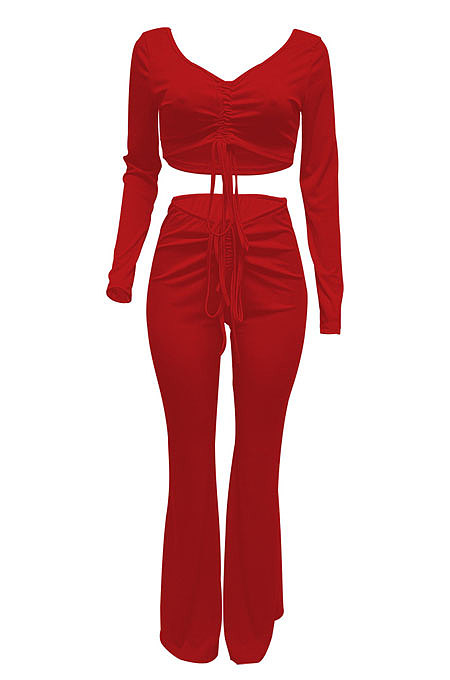 Red Women Autumn Winter Ribber Solid Color Shirred Detail V Collar Sexy Tiny Flared Pants Sets Q921-1