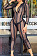 Black Sexy Gridding See-Through Long Sleeve Zipper Collcet Waist Bodycon Jumpsuits ALS263-3