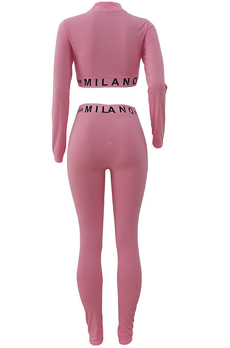 Wine Red Simple Women Letter Print Long Sleeve Zipper Crop Top Bodycon Pants Slim Fitting Two-Piece ALS209-3