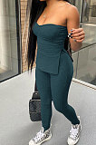 Dark Blue Women Ribber Solid Color Strapless Split Tops Long Pants Casual Two-Pieces Q935-5