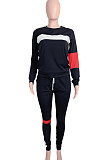 Blcak Women Fleece Woollen Sweater Spliced Stripe Sport Long Sleeve Casual Pants Sets SN390203-1
