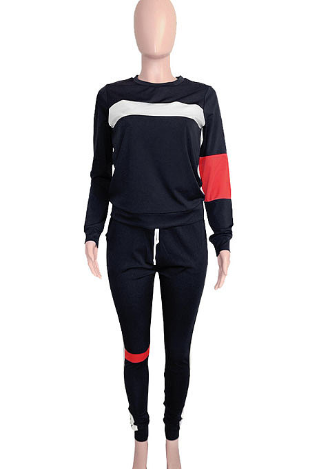 Blcak Women Fleece Woollen Sweater Spliced Stripe Sport Long Sleeve Casual Pants Sets SN390203-1