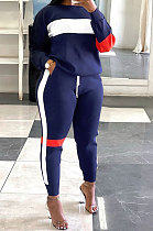 Dark Blue Women Fleece Woollen Sweater Spliced Stripe Sport Long Sleeve Casual Pants Sets SN390203-3