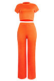 Orange Euramerican Sexy Women Dew Waist Short Sleeve Pocket Pure Color Pants Sets KF61-6