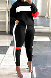 Dark Blue Women Fleece Woollen Sweater Spliced Stripe Sport Long Sleeve Casual Pants Sets SN390203-3