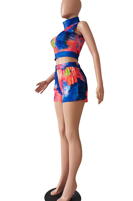 Blue Red Women Printing Tie Dye Cardigan Zipper Sexy Casual Shorts Sets ZZ762-4
