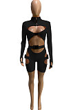 Neon Green Women Club Wear Hollow Out Solid Color Buckle Long Sleeve Sexy Romper Shorts Q940-5