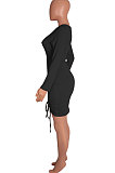 Orange Euramerican Women Long Sleeve Shirred Detail Fashion Pure Color Tight Mini Dress Q926-1