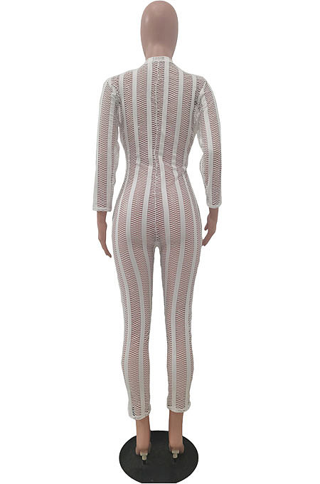 Purple Sexy Gridding See-Through Long Sleeve Zipper Collcet Waist Bodycon Jumpsuits ALS263-1