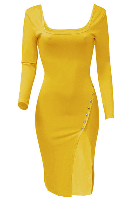 Sky Blue Women Autumn Square Neck Bodycon Sexy Split Solid Color High Waist Mid Dress Q934-9