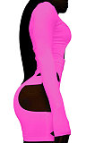 Neon Green Women Club Wear Hollow Out Solid Color Buckle Long Sleeve Sexy Romper Shorts Q940-5
