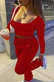 Red Simple Long Sleeve Low-Cut Crop Top Long Pants Solid Color Sport Sets YSH6209-3