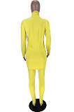 Yellow Cotton Blend Long Sleeve Round Neck Loose T-Shirt Pencil Pants Solid Color Sets TZ10859-1