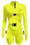 Orange Women Club Wear Hollow Out Solid Color Buckle Long Sleeve Sexy Romper Shorts Q940-4