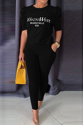 Pink Modest Offset Printing Puff Sleeve Round Neck T-Shirt With Pocket Pencil Pants Pure Color Two-Piece ALS197-1