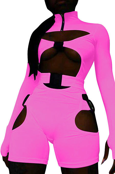 Neon Green Women Club Wear Hollow Out Solid Color Buckle Long Sleeve Sexy Romper Shorts Q940-5