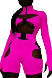 Orange Women Club Wear Hollow Out Solid Color Buckle Long Sleeve Sexy Romper Shorts Q940-4