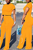 Dark Gray Euramerican Sexy Women Dew Waist Short Sleeve Pocket Pure Color Pants Sets KF61-5