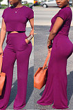 Light Blue Euramerican Sexy Women Dew Waist Short Sleeve Pocket Pure Color Pants Sets KF61-8