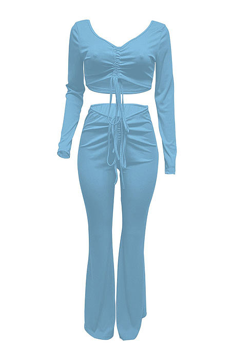 Light Blue Women Autumn Winter Ribber Solid Color Shirred Detail V Collar Sexy Tiny Flared Pants Sets Q921-2