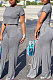 Dark Gray Euramerican Sexy Women Dew Waist Short Sleeve Pocket Pure Color Pants Sets KF61-5