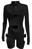 Rose Red Women Club Wear Hollow Out Solid Color Buckle Long Sleeve Sexy Romper Shorts Q940-7