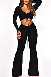 Red Women Autumn Winter Ribber Solid Color Shirred Detail V Collar Sexy Tiny Flared Pants Sets Q921-1