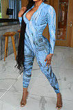Blue Autumn Winter Women Wave Printing Zipper Slim Fitting Long Sleeve Sexy Bodycon Jumpsuits Q937-3