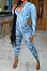 Blue Autumn Winter Women Wave Printing Zipper Slim Fitting Long Sleeve Sexy Bodycon Jumpsuits Q937-3