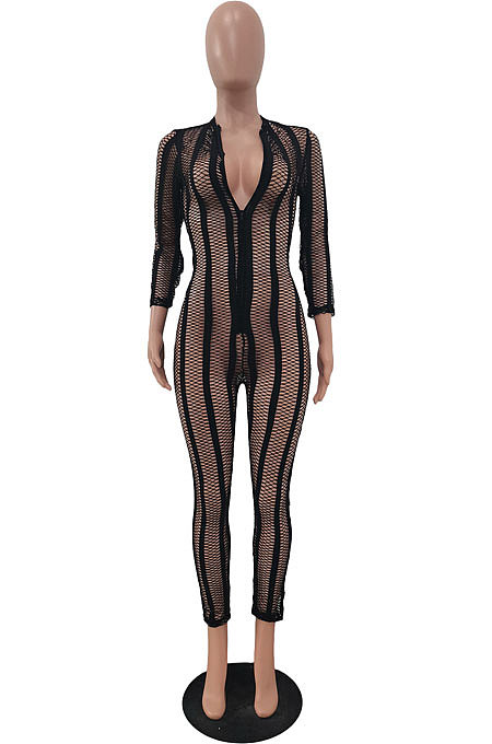 Black Sexy Gridding See-Through Long Sleeve Zipper Collcet Waist Bodycon Jumpsuits ALS263-3