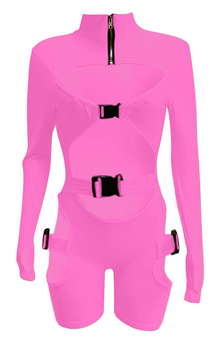Orange Women Club Wear Hollow Out Solid Color Buckle Long Sleeve Sexy Romper Shorts Q940-4