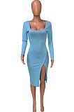 Red Women Autumn Square Neck Bodycon Sexy Split Solid Color High Waist Mid Dress Q934-4