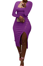 Purple Women Autumn Square Neck Bodycon Sexy Split Solid Color High Waist Mid Dress Q934-5