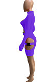 Rose Red Women Club Wear Hollow Out Solid Color Buckle Long Sleeve Sexy Romper Shorts Q940-7