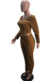 Black Simple Long Sleeve Low-Cut Crop Top Long Pants Solid Color Sport Sets YSH6209-2