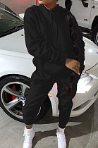 Black Modest Casual Long Sleeve Hoodie Sweat Pants Solid Color Two-Piece YSH6199-6