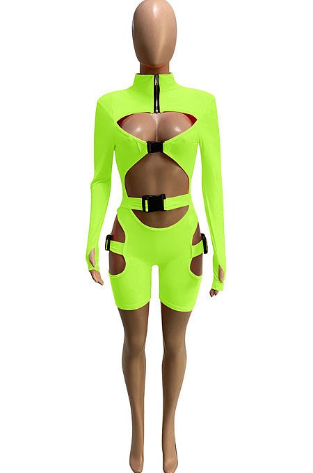 Rose Red Women Club Wear Hollow Out Solid Color Buckle Long Sleeve Sexy Romper Shorts Q940-7