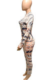 Pink Autumn Winter Women Wave Printing Zipper Slim Fitting Long Sleeve Sexy Bodycon Jumpsuits Q937-1