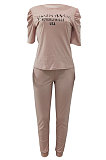 Pink Modest Offset Printing Puff Sleeve Round Neck T-Shirt With Pocket Pencil Pants Pure Color Two-Piece ALS197-1