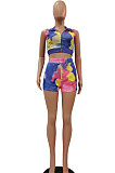 Blue Yellow Women Printing Tie Dye Cardigan Zipper Sexy Casual Shorts Sets ZZ762-5