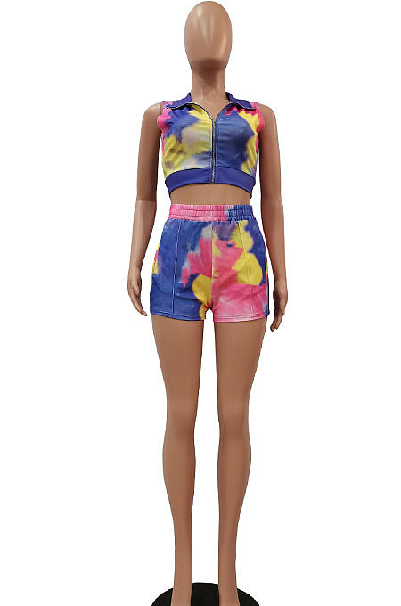 Blue Yellow Women Printing Tie Dye Cardigan Zipper Sexy Casual Shorts Sets ZZ762-5