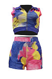 Purple Women Printing Tie Dye Cardigan Zipper Sexy Casual Shorts Sets ZZ762-3