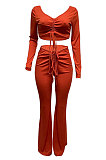 Light Blue Women Autumn Winter Ribber Solid Color Shirred Detail V Collar Sexy Tiny Flared Pants Sets Q921-2