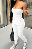 Black Women Ribber Solid Color Strapless Split Tops Long Pants Casual Two-Pieces Q935-3