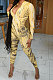 Yellow Autumn Winter Women Wave Printing Zipper Slim Fitting Long Sleeve Sexy Bodycon Jumpsuits Q937-2