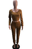 Black Gray Simple Long Sleeve Low-Cut Crop Top Long Pants Solid Color Sport Sets YSH6209-1