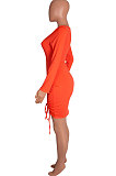 Black Euramerican Women Long Sleeve Shirred Detail Fashion Pure Color Tight Mini Dress Q926-3