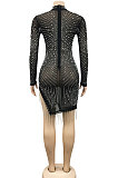 Apricot Night Club Mesh See-Through Hot Drilling Tassel Long Sleeve Round Collar Slim Fitting Mini Dress XZ5216-2