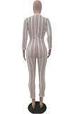 Light Blue Sexy Gridding See-Through Long Sleeve Zipper Collcet Waist Bodycon Jumpsuits ALS263-4